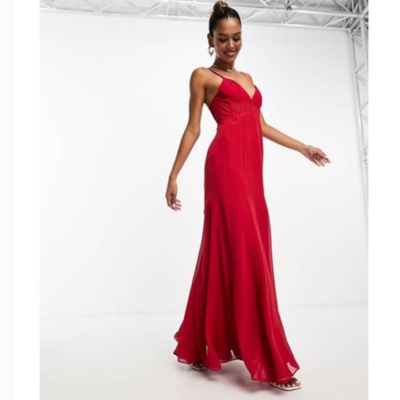 ASOS DESIGN RUCHED BUST CHIFFON PANELLED CORSET MAXI DRESS IN RED - Picture 1 of 10